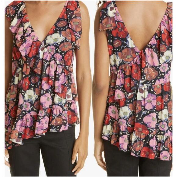 NWOT Cinq a Sept Womens Asymmetrical V Neck Naomi Top Small Ruffle Floral Tiered - Picture 1 of 14